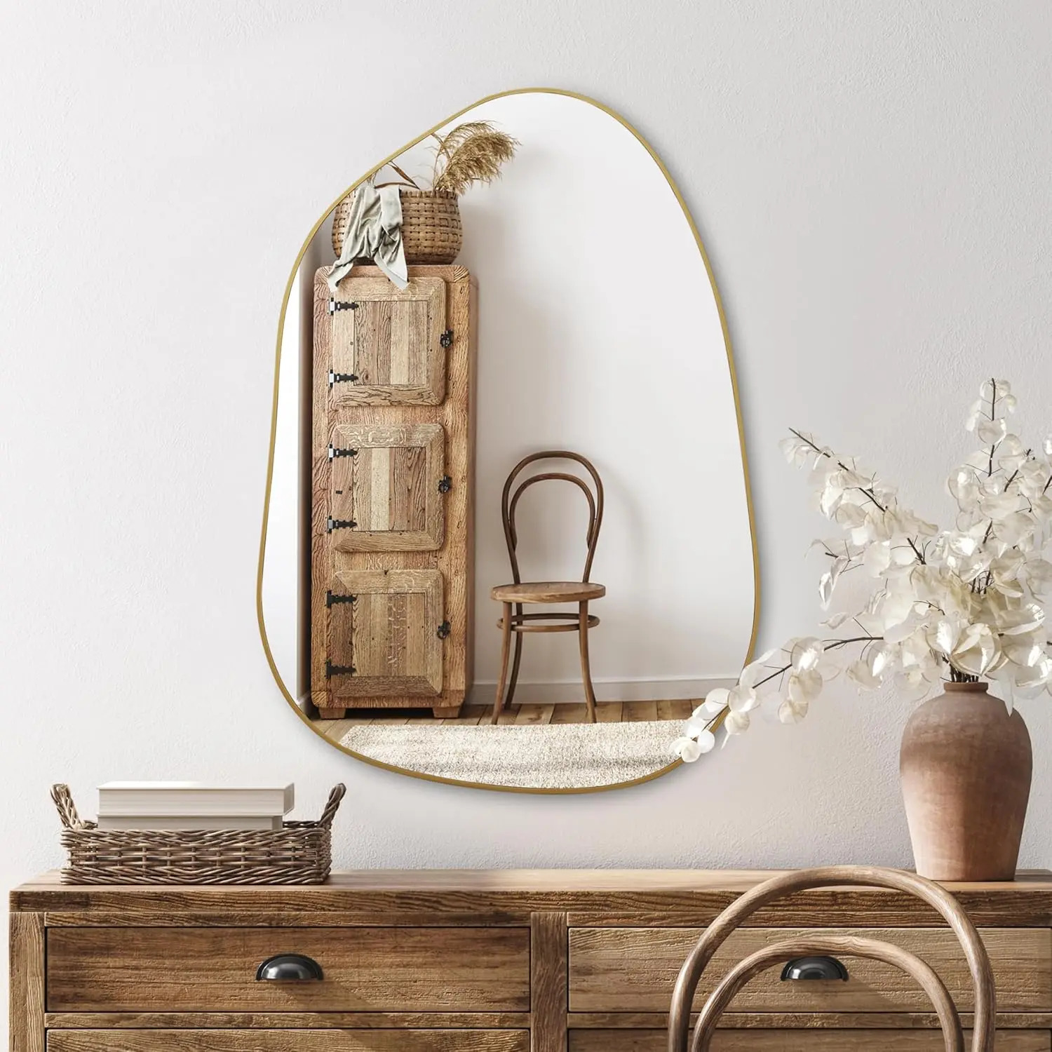 PERFNIQUE irregular wall mirror asymmetric mirror 28 inch x 20 inch gold wood frame mirror used for bathroom bedroom living room entrance 241211