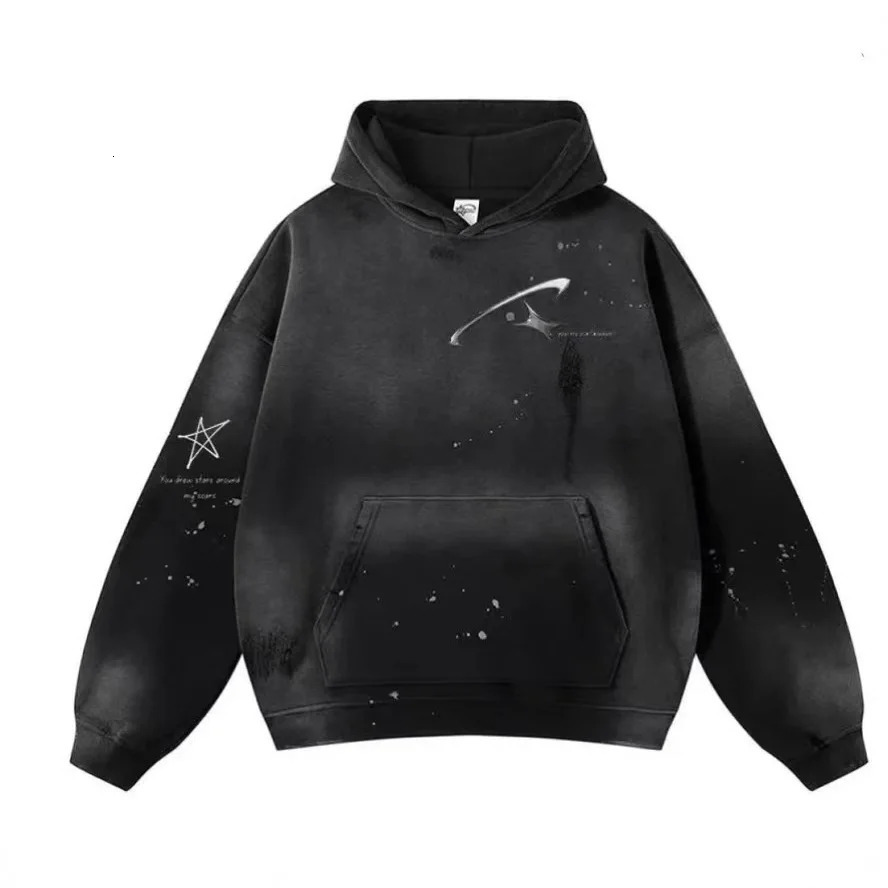 Splashed ink distressed printed sweatshirt hoodie plus velvet trendy loose fashion retro stitching street sports top 241218