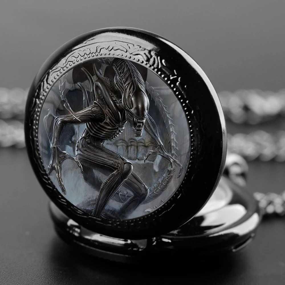 Alien Xenomorph Design Unique Gifts Vintage Arabic Numerals Quartz Pocket Necklace Pendant Clock Chain Men Gifts for BoysXJ241219