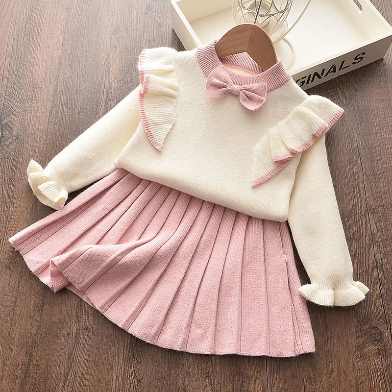Casual Girls Dress Knitting Kids Suit Winter Long Sleeves Princess Top and Skirt 2pcs Outfits Sweater Kids Clothes 241219