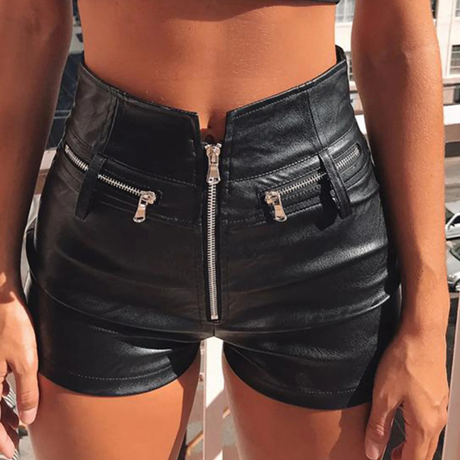 Sexy Black PU Leather Fashion Shorts Women Clothing Goth pants High Waisted Zipper Y2k Short Pants Clubwear 241218