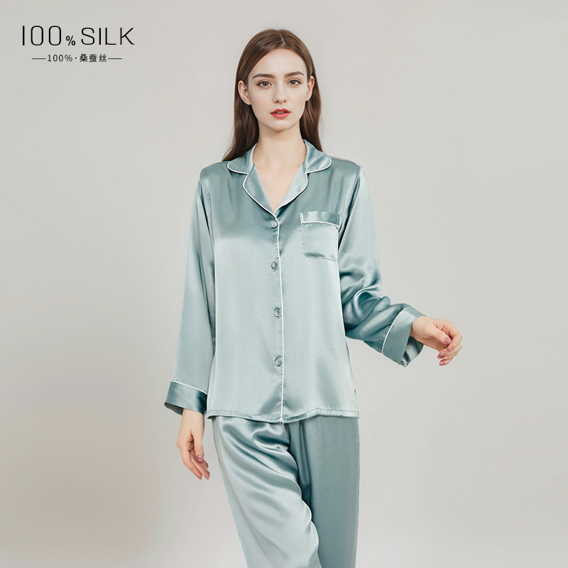 S7-Spring and Autumn Silk Pajamas Ladies Summer New Long Sleeve Pants 100% Mulberry Silk Home Clothes Set