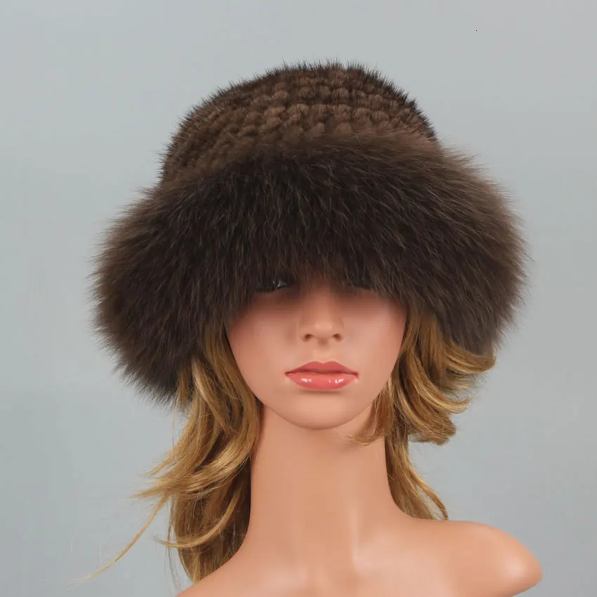 Real Fur Hat Winter for Womens Cap Natural Mink Fur with Fox fur Beanies Russian Sun Knitting Bucket Hat Bonnets Fashion 241218