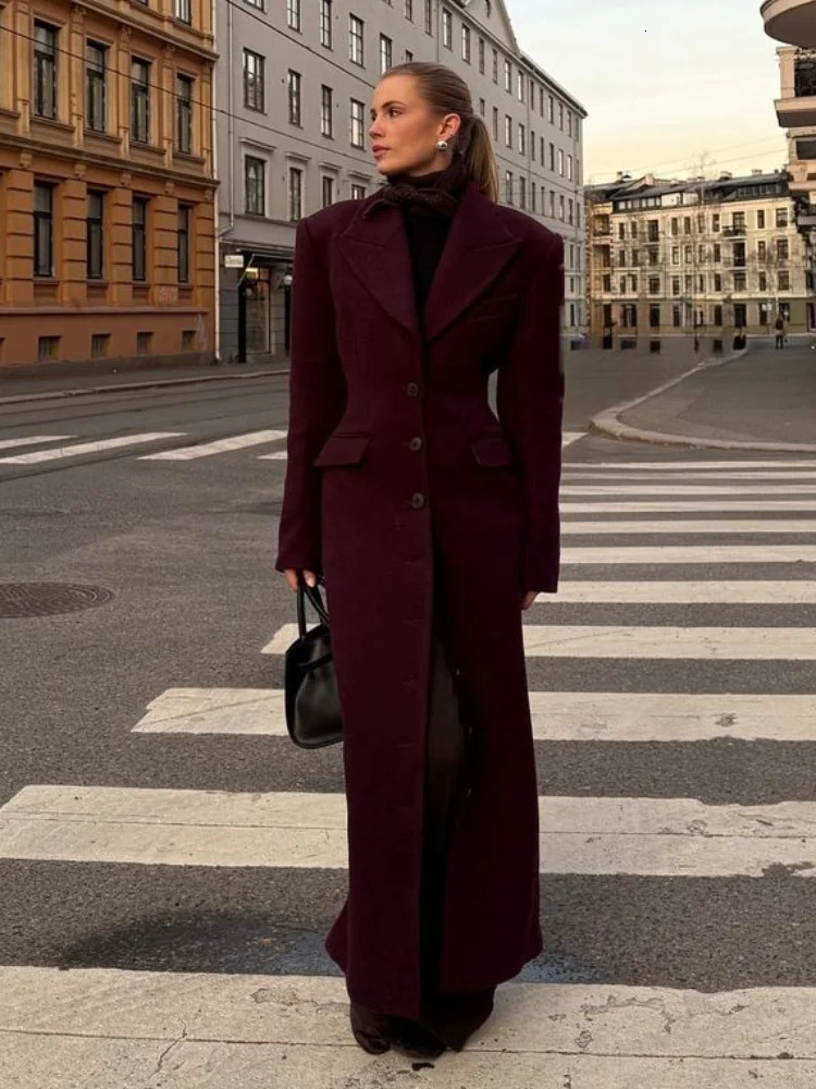 Elegant Burgundy Waist Up Flip Pockets Woolen Overcoat Chic Single Breasted Lapel Cropped Jackets 2024 Lady Commute Coats 241219