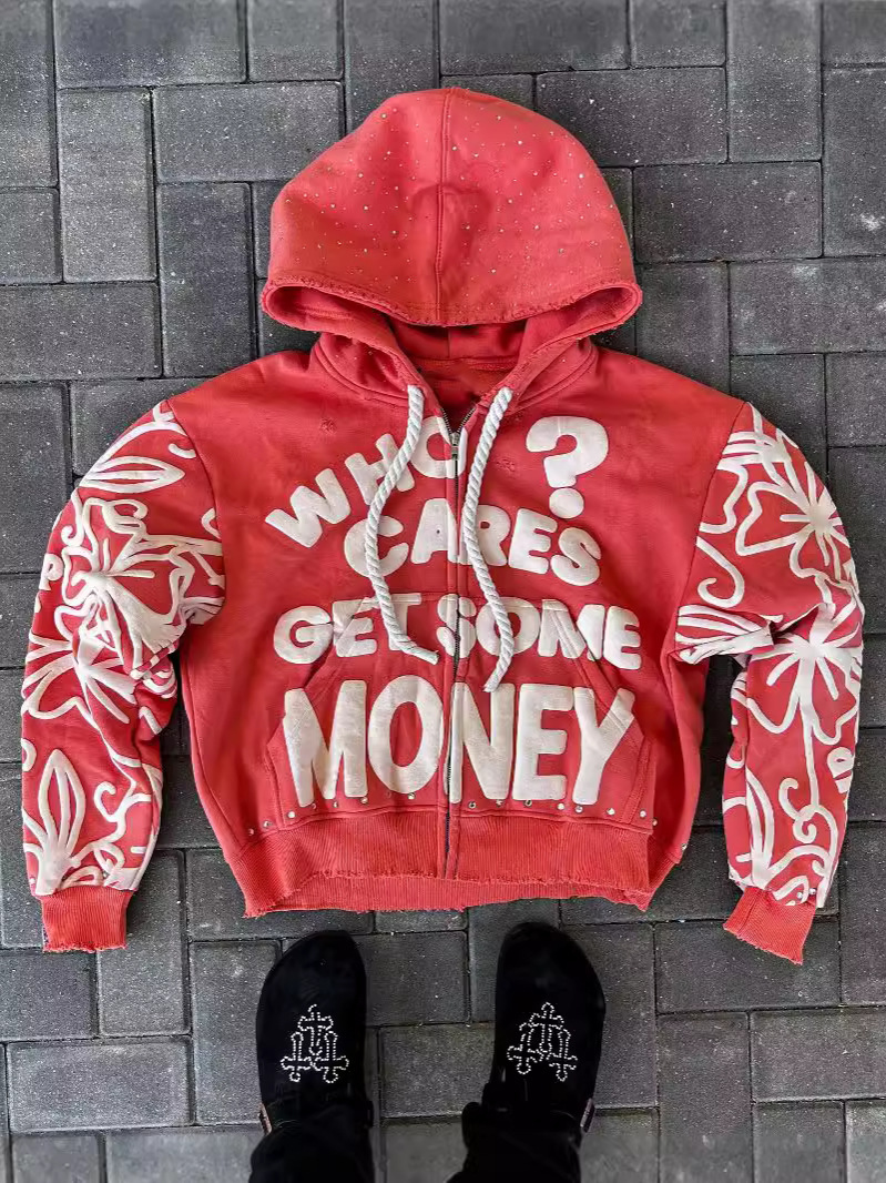 Y2K Zipper Hoodie New American Street Hip Hop Fashion Printing Alphabet Design Vintage Hooded Long Sleeve Sports Hood Men Women