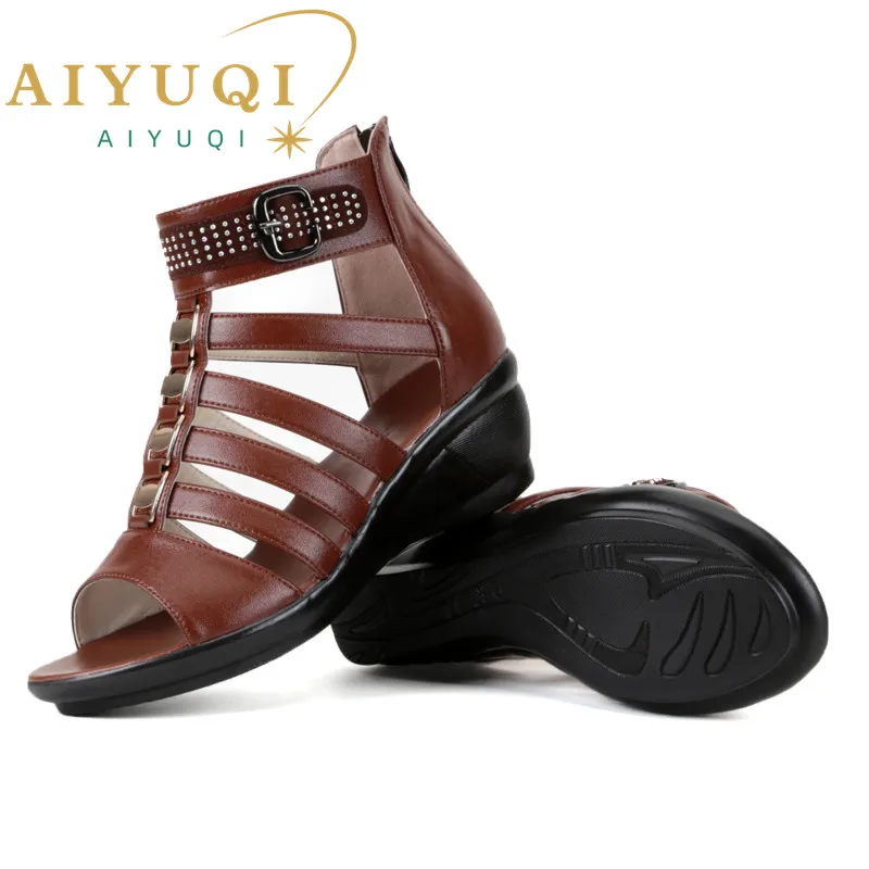 AIYUQI women sandals 2024 summer new women genuine leather sandals large size 41 42 43 rhinestones Roman sandals ladies mother