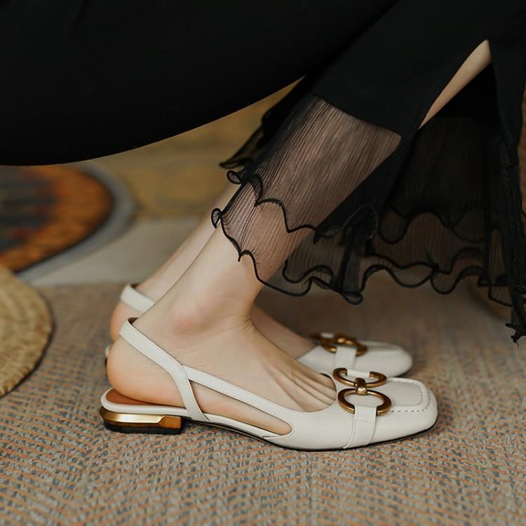 Women's genuine leather sqaure toe slip-on thick med heel summer mules metal buckle decoration casual female heels sandals 2025