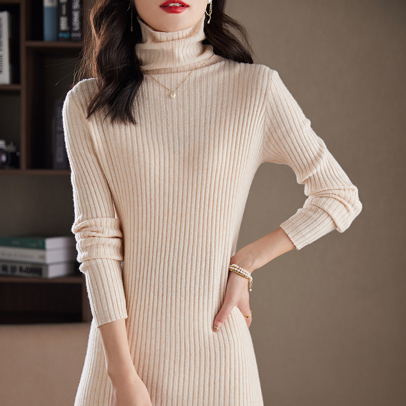 (17) New Autumn and Winter Pure Wool Pile Collar Knitted Dress Solid Color Slim Long Skirt