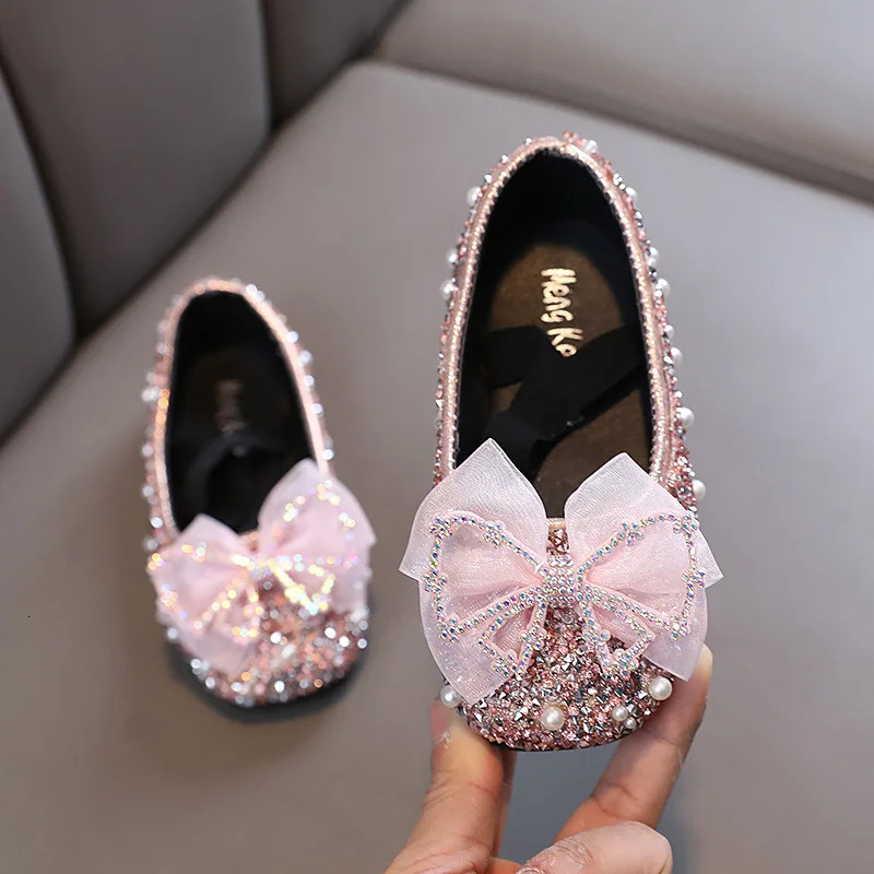 AINYFU Spring Childrens Lace Bow Princess Shoes Girls Color Sequins Leather Shoes Kids Soft-Soled Wedding Shoes H807 241219