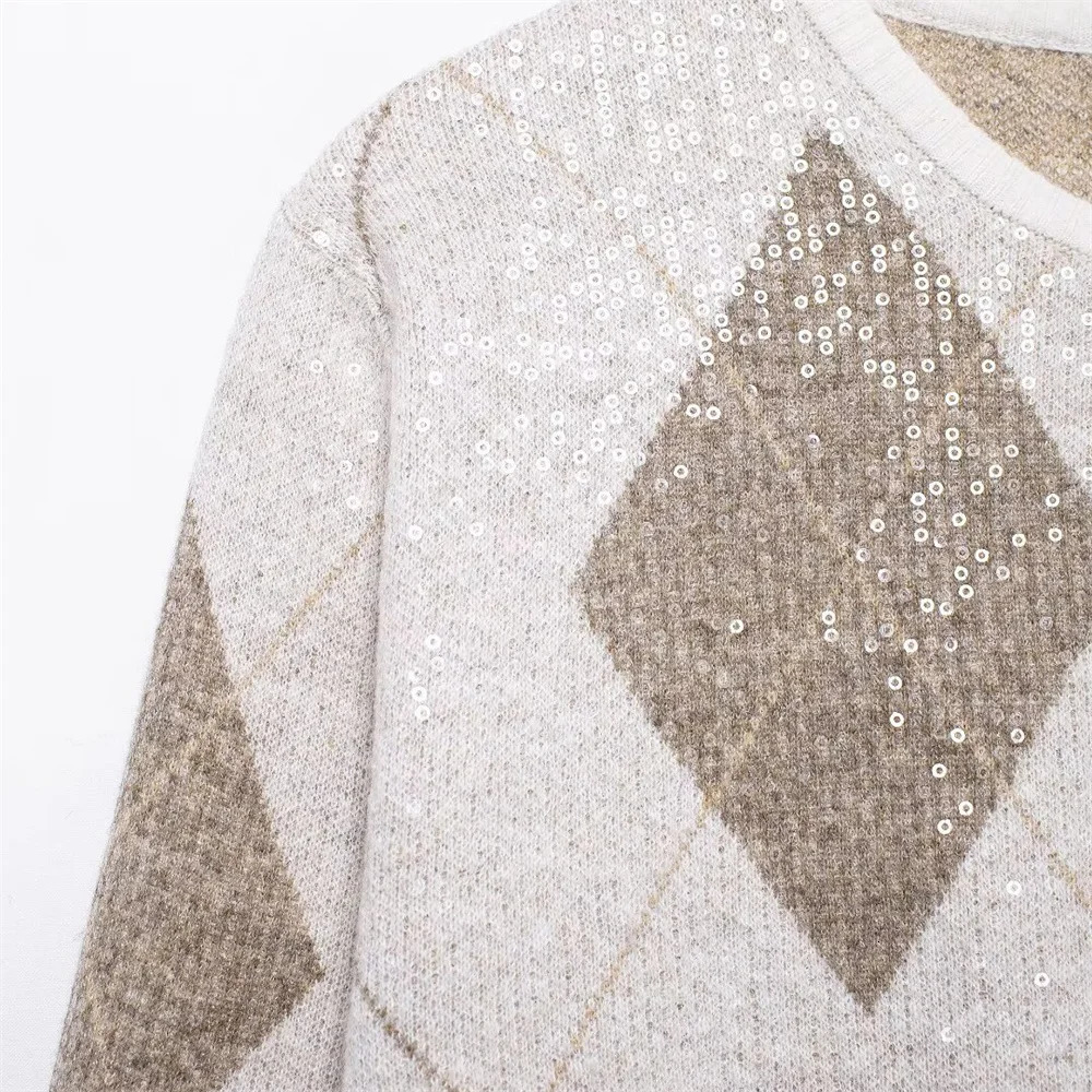 UNIZERA womens knitted jacket cardigan round neck long sleeved pearl embellished diamond pattern autumn sweater 241219