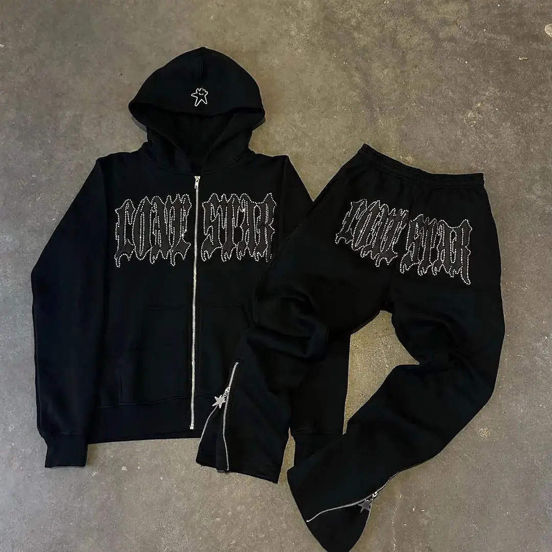 Aesthetic Streetwear Man Set Sweatshirts Y2K Classic Fashion Women Hooded Rhinestones Graphics Rock Vintage Hip Hop Zip Hoodies 241218