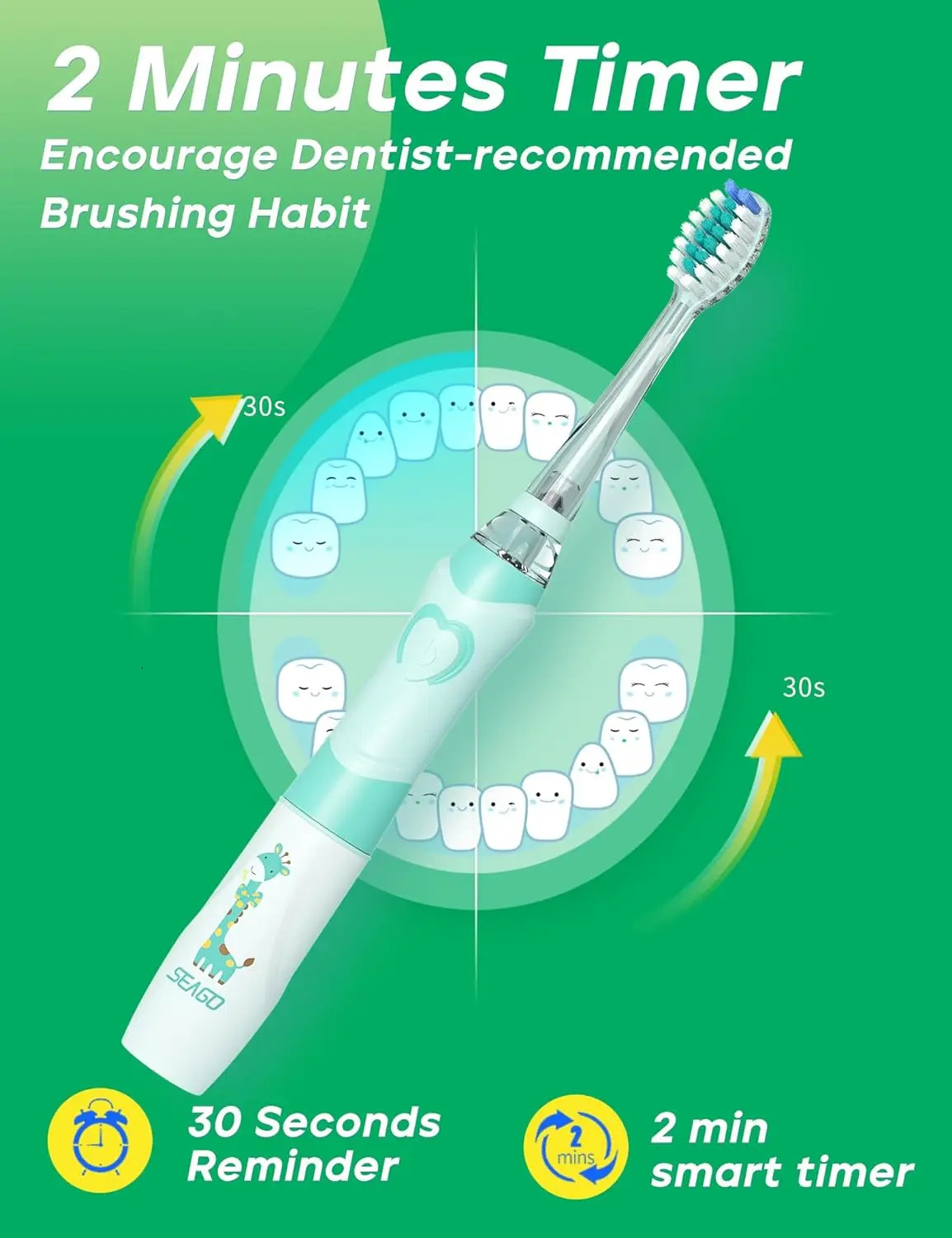 SEAGO Kids Electric Toothbrush Soft Bristle Tooth Brush For Kids with 2 Mins Timer LED Light Battery Powerd Toothbrush for 4-12 241219