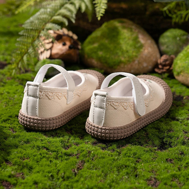Unishuni Girls Flats Baby Kids Canvas Shoe Child Casual Flats Princess Lace Ruffles Cloth Mary Jane Shoes with Flower Embroidery 241219