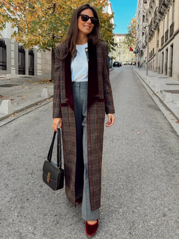 Fashion Colorful Plaid Print Woolen Overcoats For Women Patchwork Turndown Collar Slim Fits Long Coats 2024 High Streetwear 241219