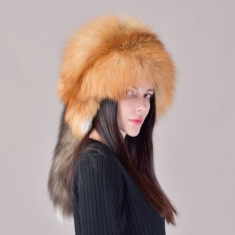 2024 Style Natural Fox Fur Russian Hat Ushanka Women Winter Warm Fluffy Style Female Tail Cap Fashion Real Fur Hats 241218