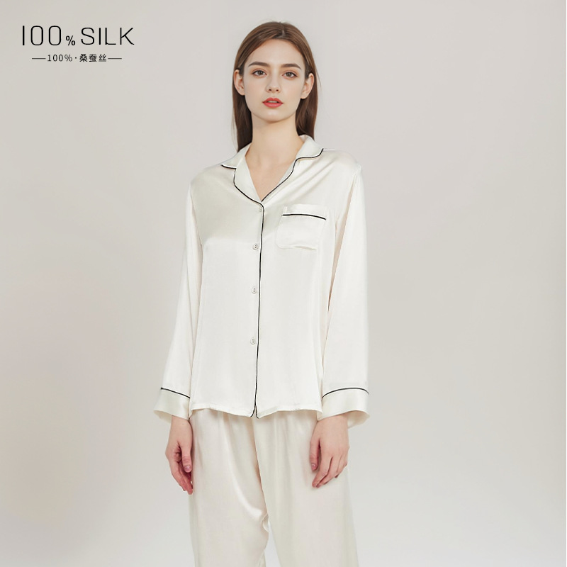 S7-Spring and Autumn Silk Pajamas Ladies Summer New Long Sleeve Pants 100% Mulberry Silk Home Clothes Set