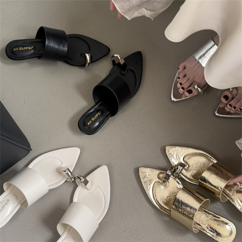 Free shipping designer sandals for women flat sandals black beige sliver gold Sharp pointed straight metal buckle cooler