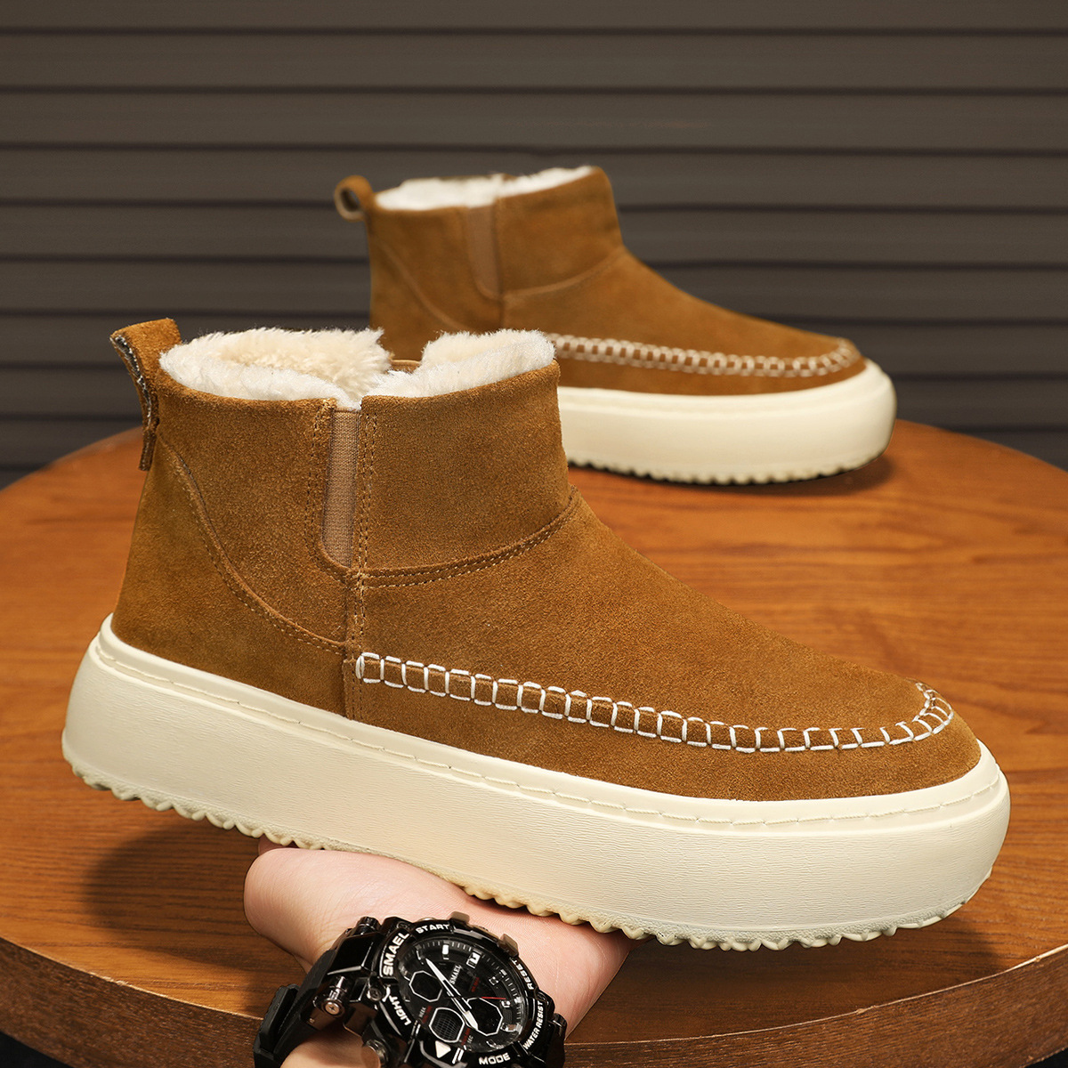 Men Boots Winter New Fashion Simple Style Designer Versatile Thick Sole Plush Cotton Shoes Warm Triple Black Khaki Free shipping