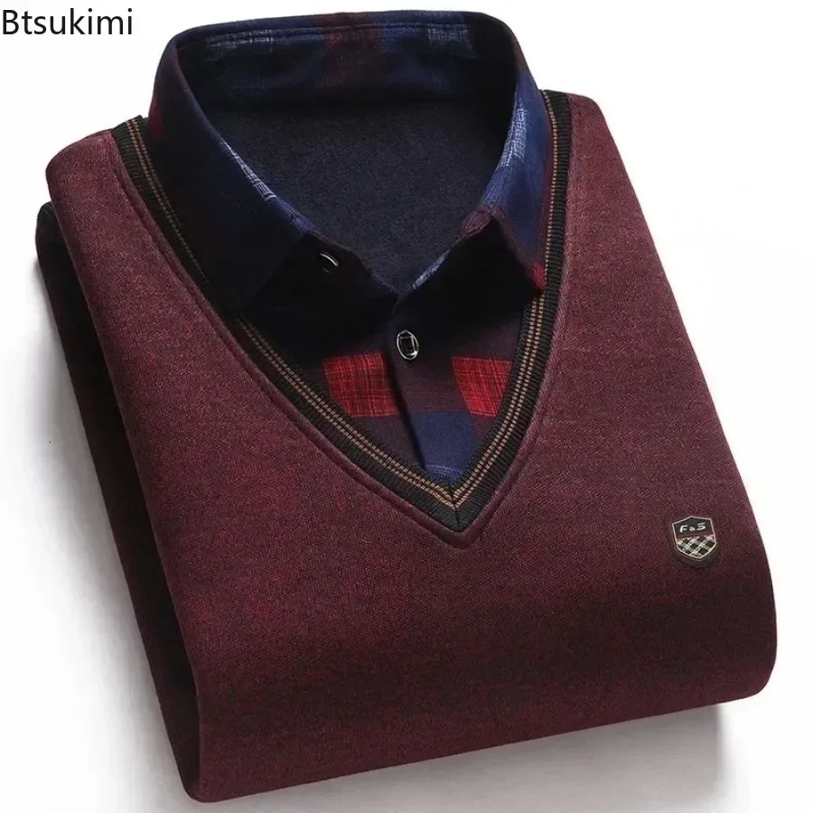 2024 Mens Thicker Warm Sweater Fashion Two Polo Collar Knitted Pullover Autumn Winter Men Business Casual Sweater Tops 241218