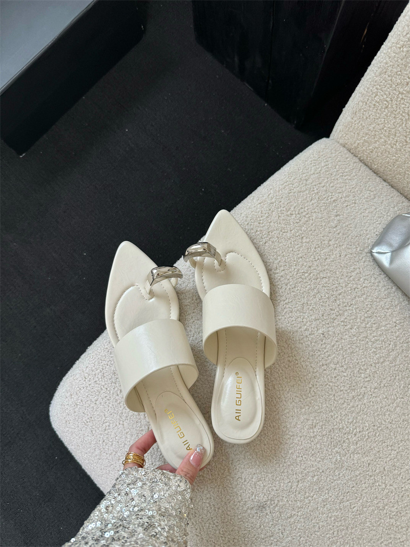 Free shipping designer sandals for women flat sandals black beige sliver gold Sharp pointed straight metal buckle cooler