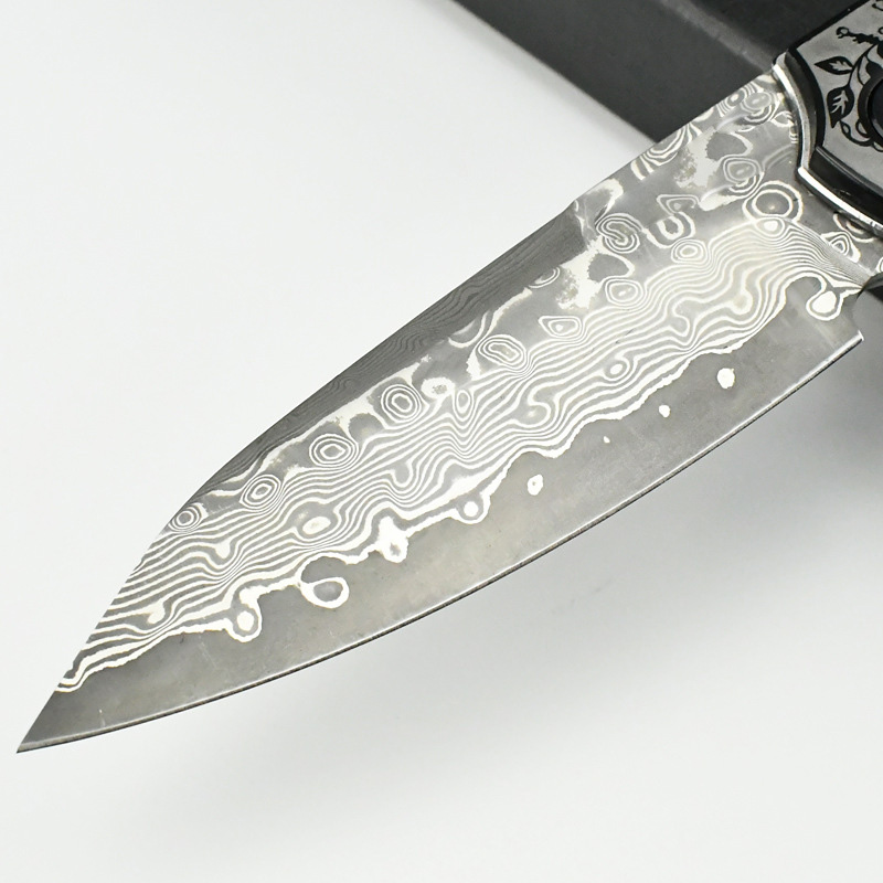 Topq Quality Flipper Folding Knife Damascus Tanto Blade Wood with Steel Handle Ball Bearing Outdoor EDC Pocket Knives