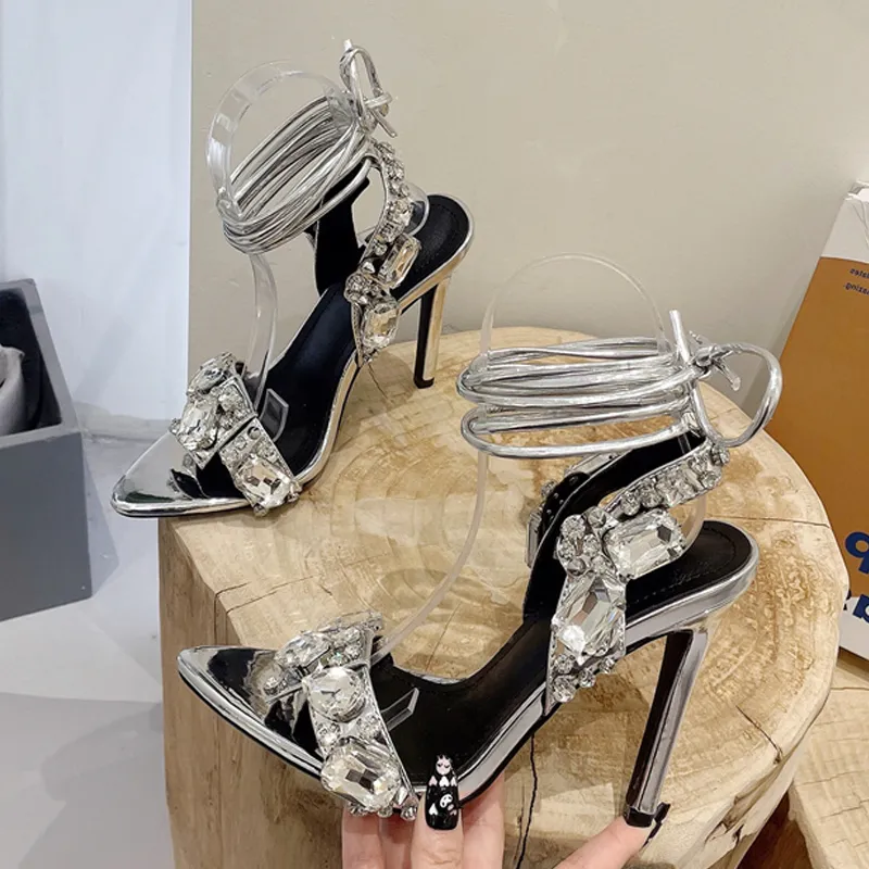 Liyke Sexy Green Cross Ankle Strap Sandals Women Party Club Stripper Heels High Quality Crystal Dia Pointed Toe Wedding Shoe