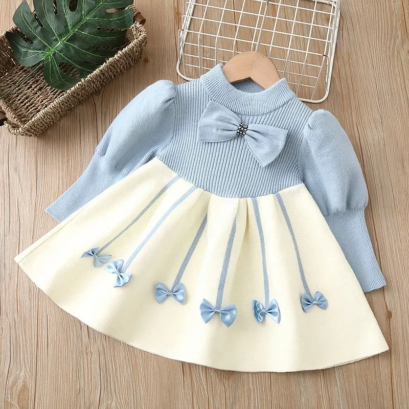 Girls Casual Dresses Bow Puffy Sleeve Sweater Girls Winter Clothes Kids Dresses for Girls 2 To 8 Years Princess Dress Toddler 241219