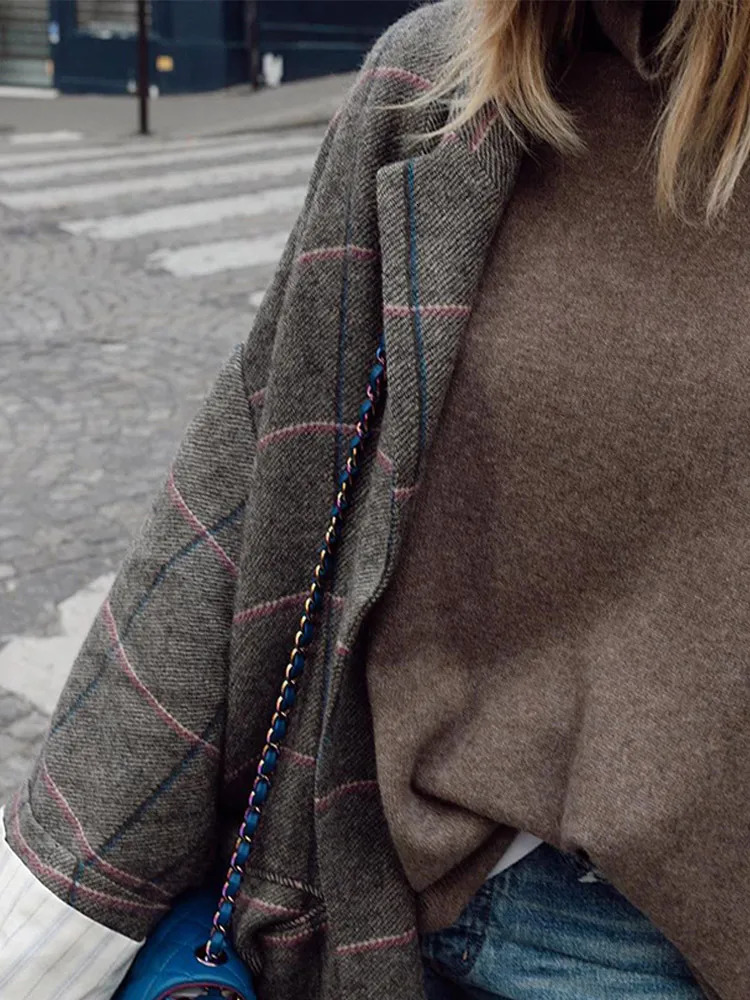 Vintage Long Sleeve Plaid Print Woolen Coat Women Oversized Buttons Lapel Overcoat Winter Lady High Streetwear 241217