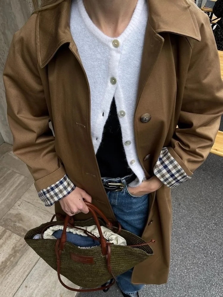 Elegant Plaid Lapel Long Windbreaker Women Fashion Single Breasted Full Sleeve Solid Coat 2024 Autumn Lady High Street Outwear 241219