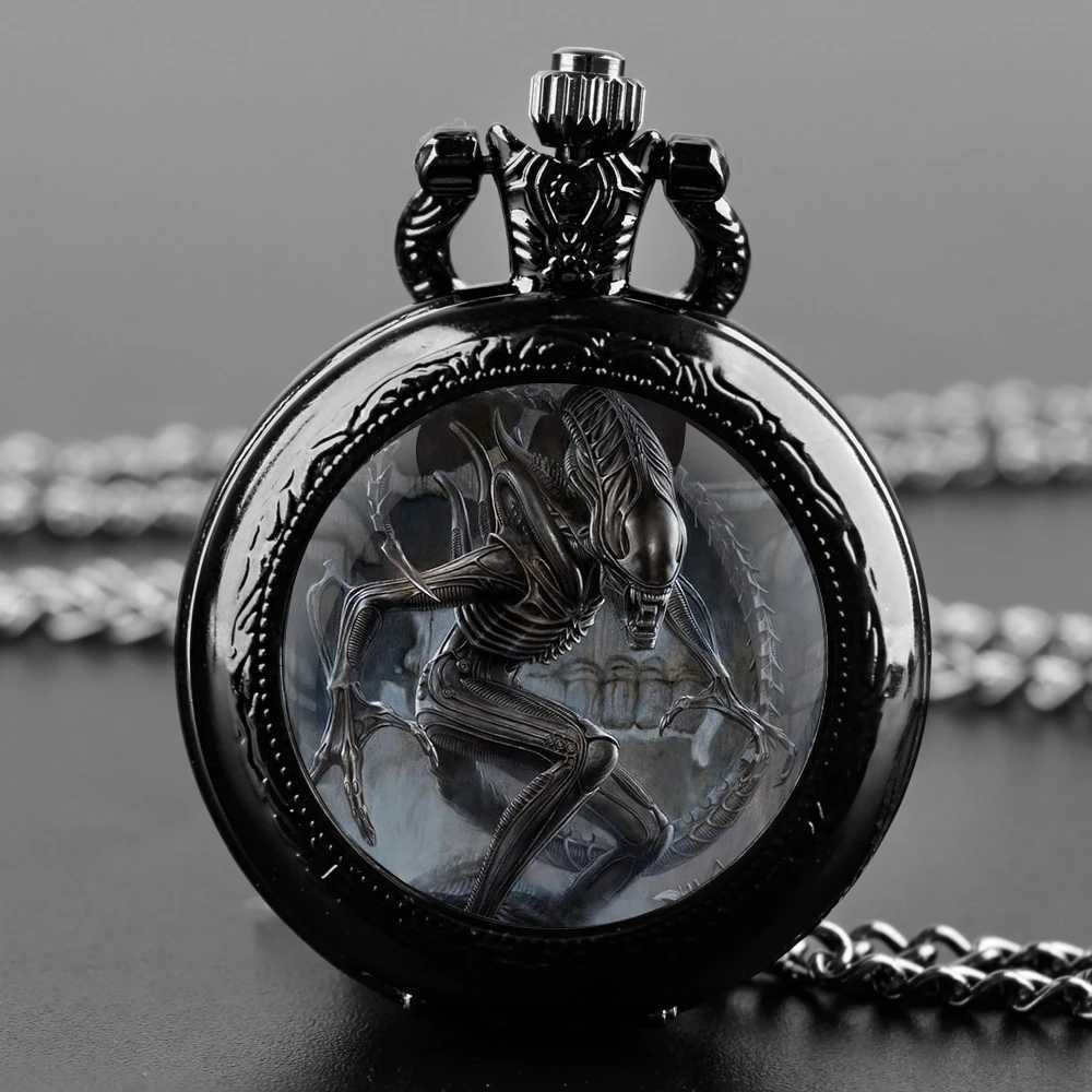 Alien Xenomorph Design Unique Gifts Vintage Arabic Numerals Quartz Pocket Necklace Pendant Clock Chain Men Gifts for BoysXJ241219