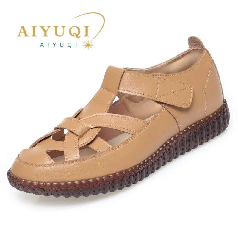 AIYUQI Women's Summer Sandals 2024 New Cut-out Flat Women's Shoes Genuine Leather Large Size Hole Shoes Ladies