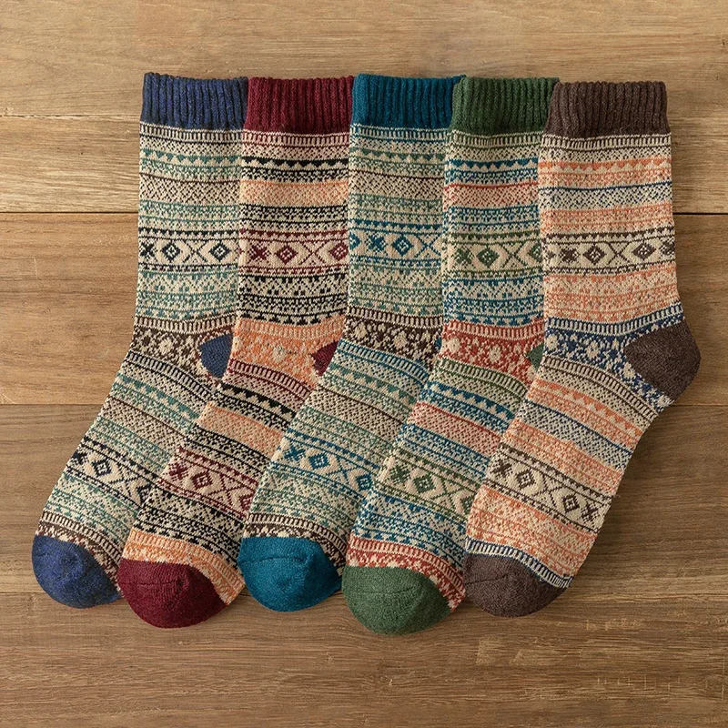 5 Pairs Lot Pack Women Socks Autumn Winter Snow Thickened Thermal Warm Folk-custom Retro Nordic Style Wool Socks Christmas Gift 241223