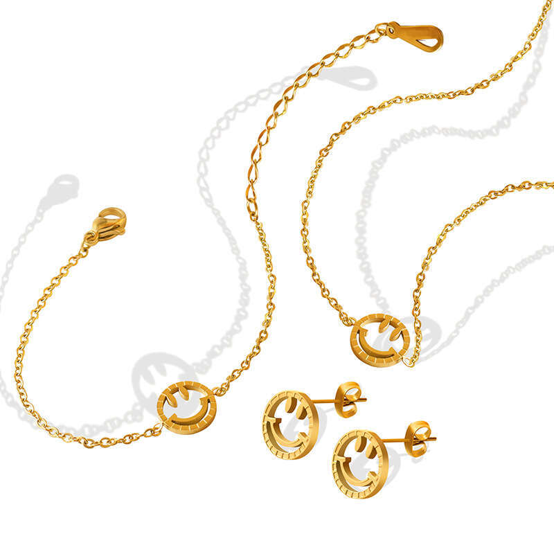 China-Chic Facial Bag Versatile Smiley Face Hollow out Pendant Necklace Bracelet Earring Set Gold Plated Jewelry