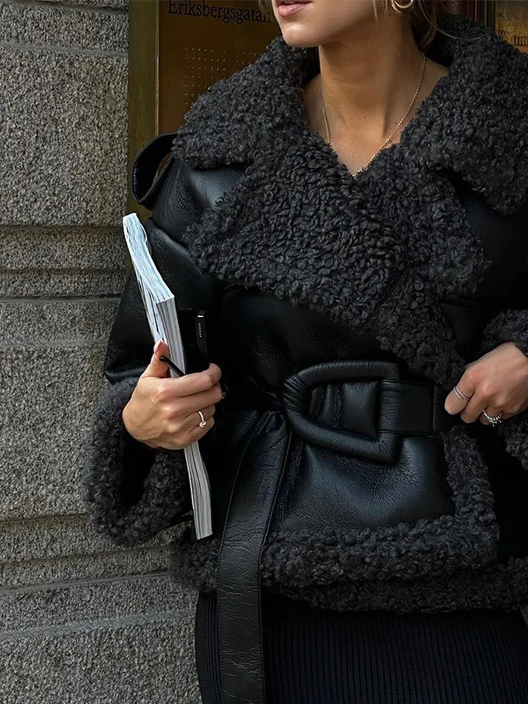 Women Fashion Lamb Wool Plush Splicing Short Coat Female Lapel Long Sleeve Pocket Thick Jacket Fall Winter Lady Warm Streetwear 241219