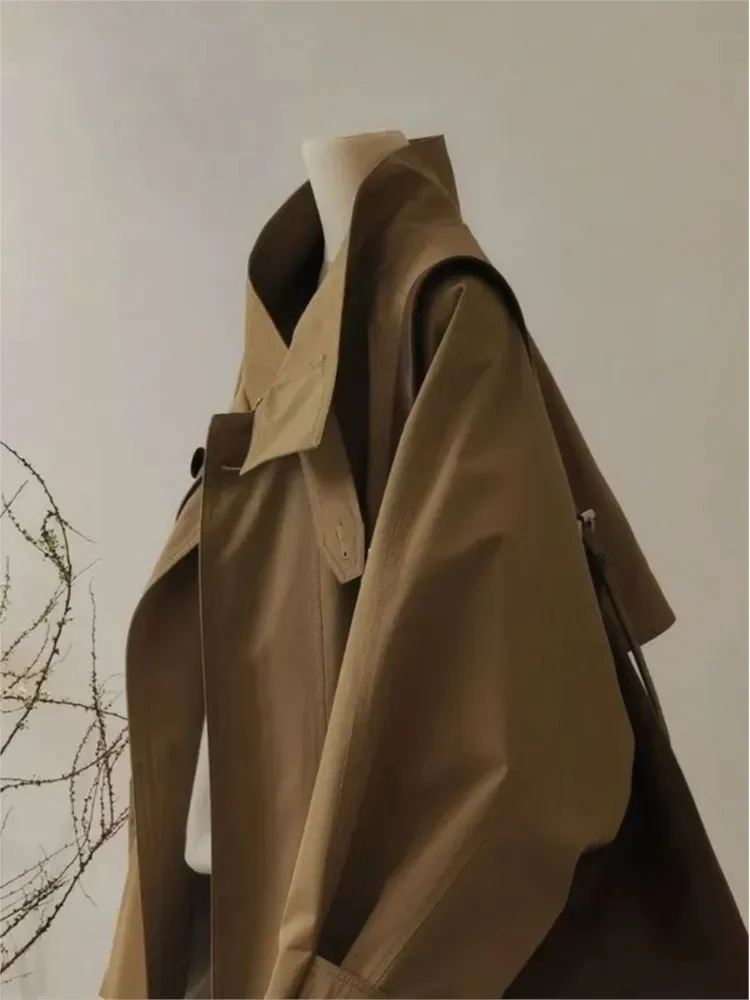 Khaki Cropped Trench Coat Jacket Vintage Autumn Casual American Cargo Wear Elegant Simple Clothing Zipper Fashion 241218