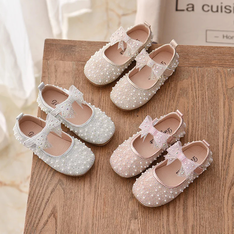 Girls Princess Shoes Childrens Fashion Bow Rhinestone Sequin Kids Shoe Baby Girls Party Student Flat Leather Shoes 241219