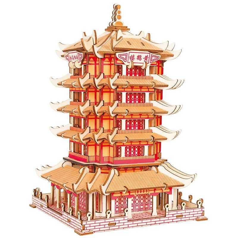 3D Wooden Pagoda Puzzle DIY Building Temple Model Wood Toy Chinese Architecture Yellow Crane Yueyang Tower For Children KidsXJ241218