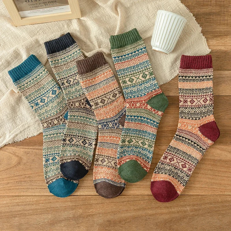 5 Pairs Lot Pack Women Socks Autumn Winter Snow Thickened Thermal Warm Folk-custom Retro Nordic Style Wool Socks Christmas Gift 241223