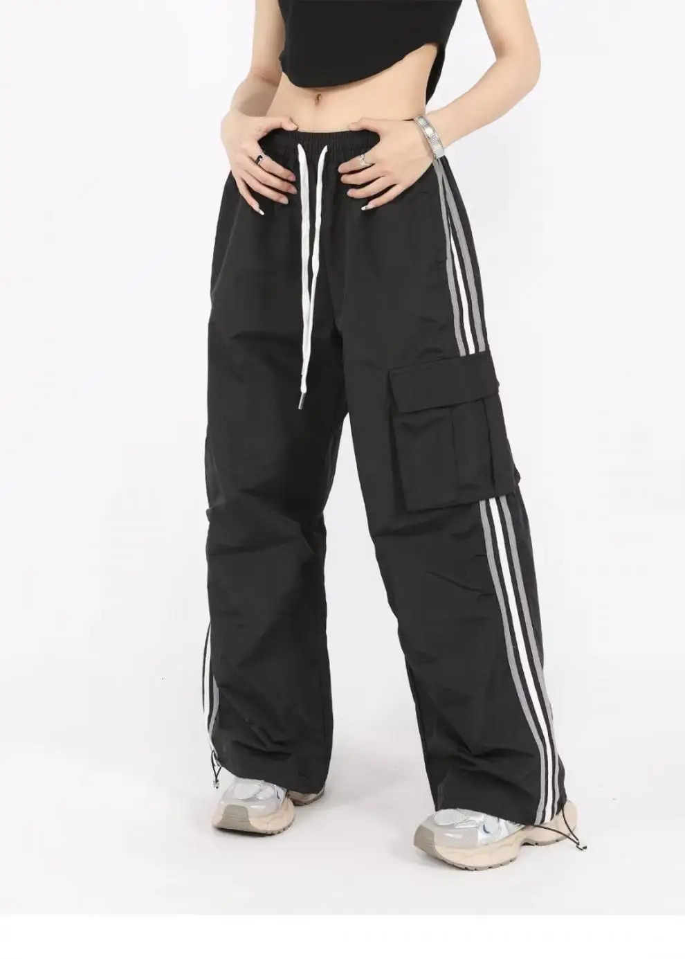 Womens Harajuku striped Y2K commodity casual Kpop streetwear bag Trouser oversized jogging wide leg sports pants Z260314