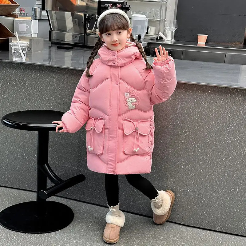 My Melody Girls Medium Long Warm Down Jacket Winter Children Cartoon Hooded Skiing Windproof Coat Teen Princess Outerwear 241218
