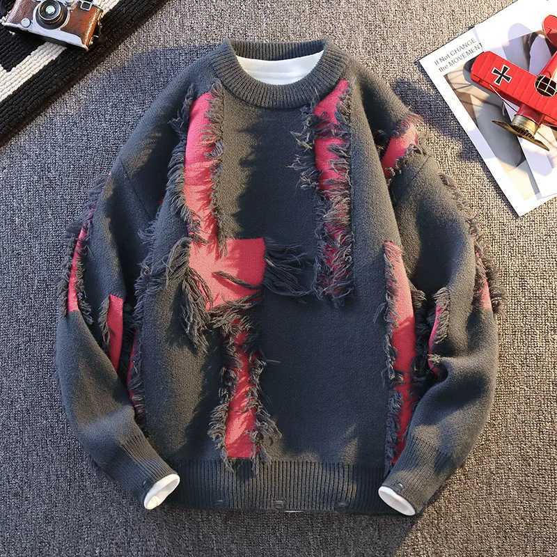 Mens autumn winter round neck threaded sweater knitted floral lantern long sleeved Distressed solid color top W241219