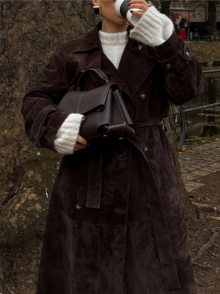 Winter Brown Suede Leather Long Coats With Belt Women Lapel Double Breasted Overcoat Female Retro High Street Outwear 241217