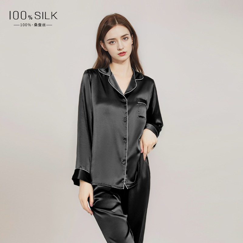 S7-Spring and Autumn Silk Pajamas Ladies Summer New Long Sleeve Pants 100% Mulberry Silk Home Clothes Set