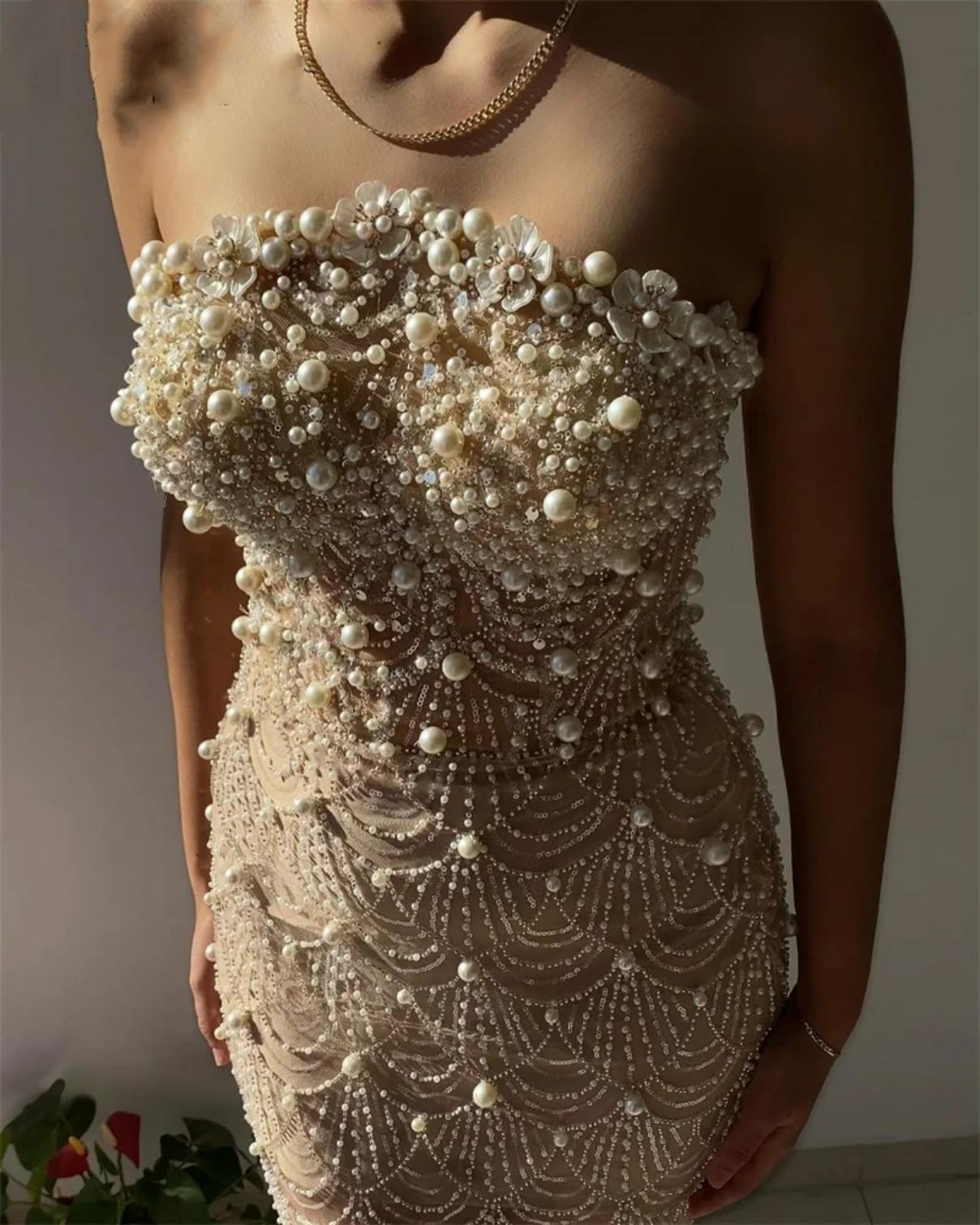 Designer Evening Dresses For Women Strapless Removable Sleeves Gown Beaded Sequins wer Sweep Train Customized Dress Party