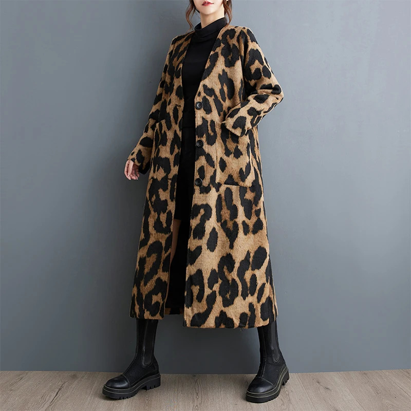 #6926 Spring Autumn Long Leopard Trench Coat Women V-neck Loose Pockets Vintage A-line Trenchcoat Single Breasted Streetwear 241219