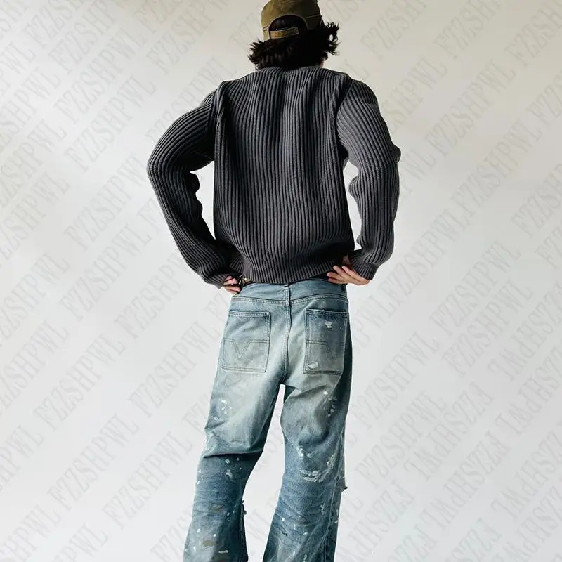 Y2k Mens Knitted Sweater Solid Color Hip Hop Graphic American Retro Street Punk Pullover Grunge High Casual 241211