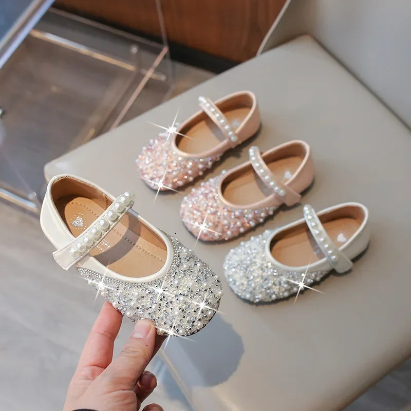 Kids Leather Shoes Spring Autumn Fashion Sequins Pearl Girls Princess Shoes Soft Bottom 241219