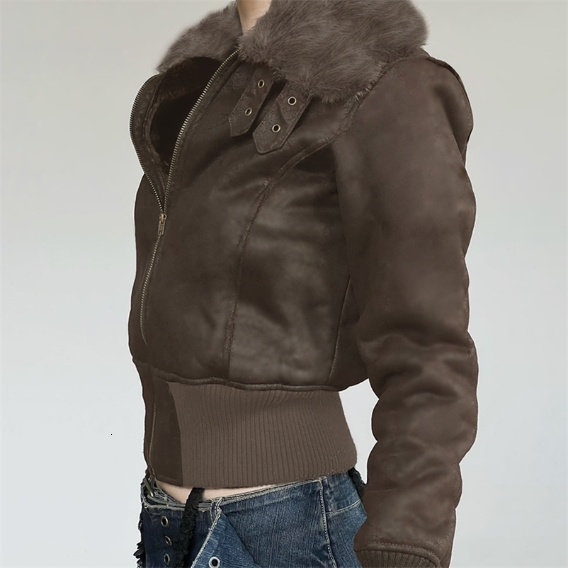 SUCHCUTE Brown Suede Trench Coat Vintage Zipper Outerwear Skinny Padded Jacket Streetwear Fashion Winter Female Warm 241218