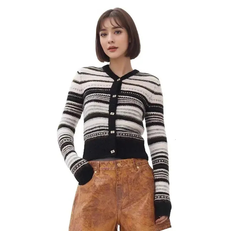 Stripes Cardigan Women 100% Wool V-Neck Single-Breasted Soft Warm Long-Sleeved Cardigan Female