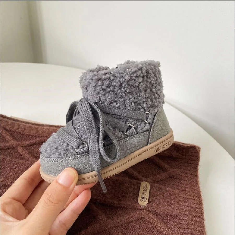 Size 16-30 Girls Cotton Boots Winter Girls Short Boots Lamb Hair Boys Fashion Soft Sole Walking Shoes Camel Grey 241219
